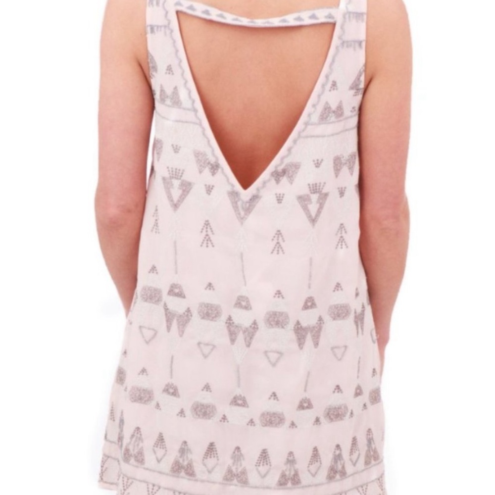 Free People FRANCES BEAN Pale Pink Crepe Beaded Embroidered Tunic Dress Size M - Picture 3 of 9